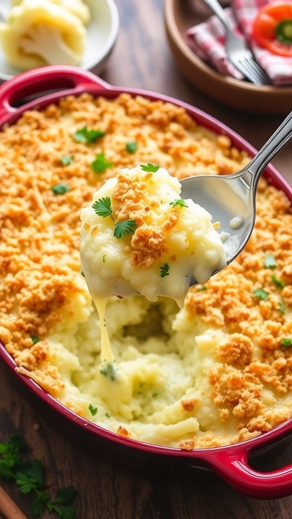 Cheesy cauliflower gratin with golden breadcrumb topping, garnished with parsley, in a rustic kitchen setting.